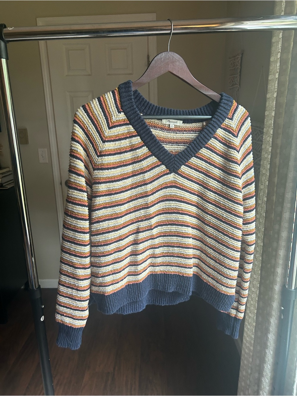 Madewell Cotton Striped V-Neck Sweater in Navy, Cream & Rust